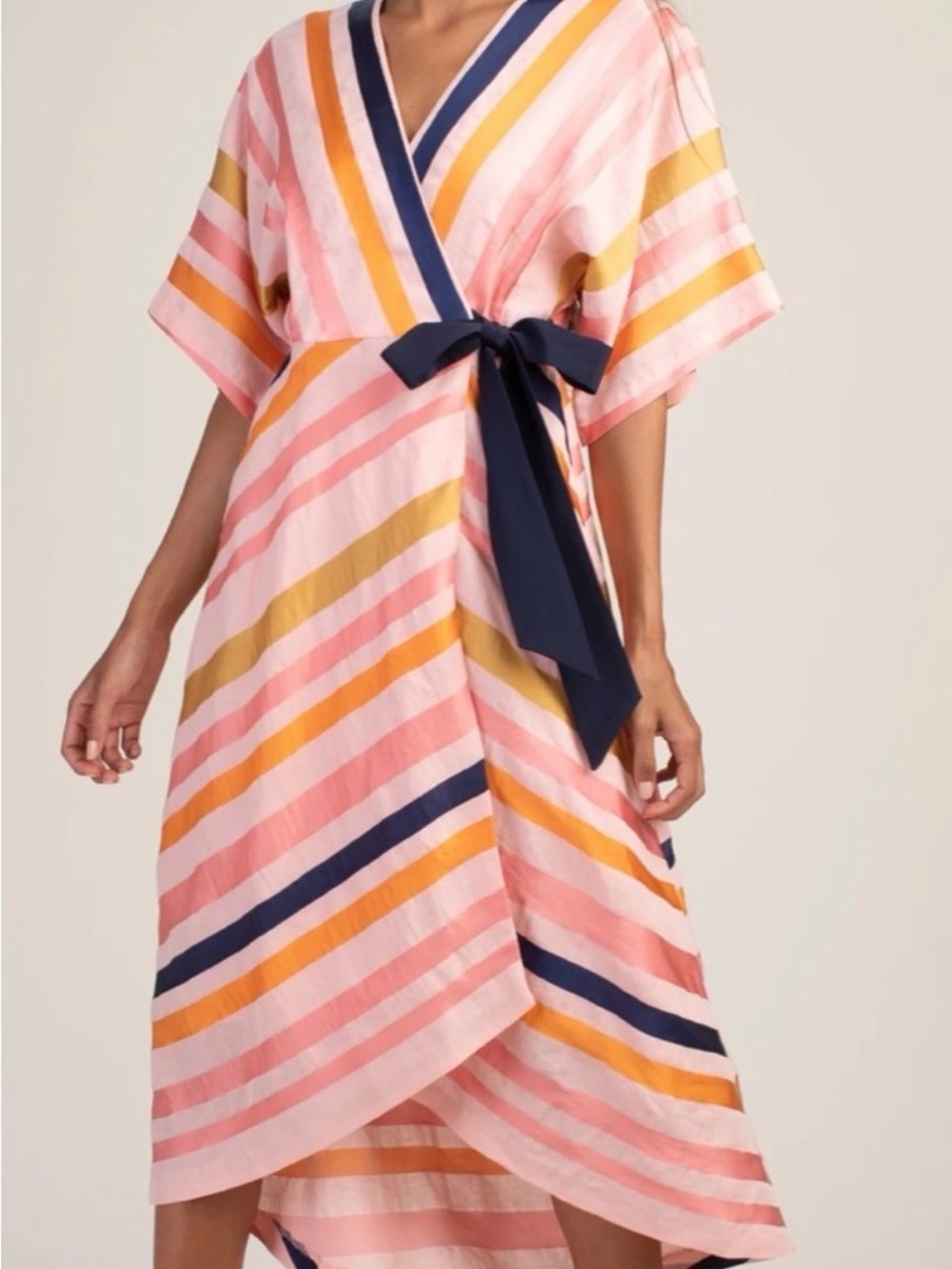 Trina Turk Pink, Yellow & Navy Striped High-Low Wrap Dress